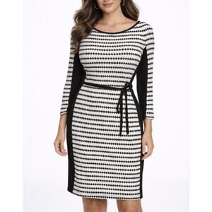 Studio One Knit Dress S Black White Diamond Striped Belted Stretch Work Career‎